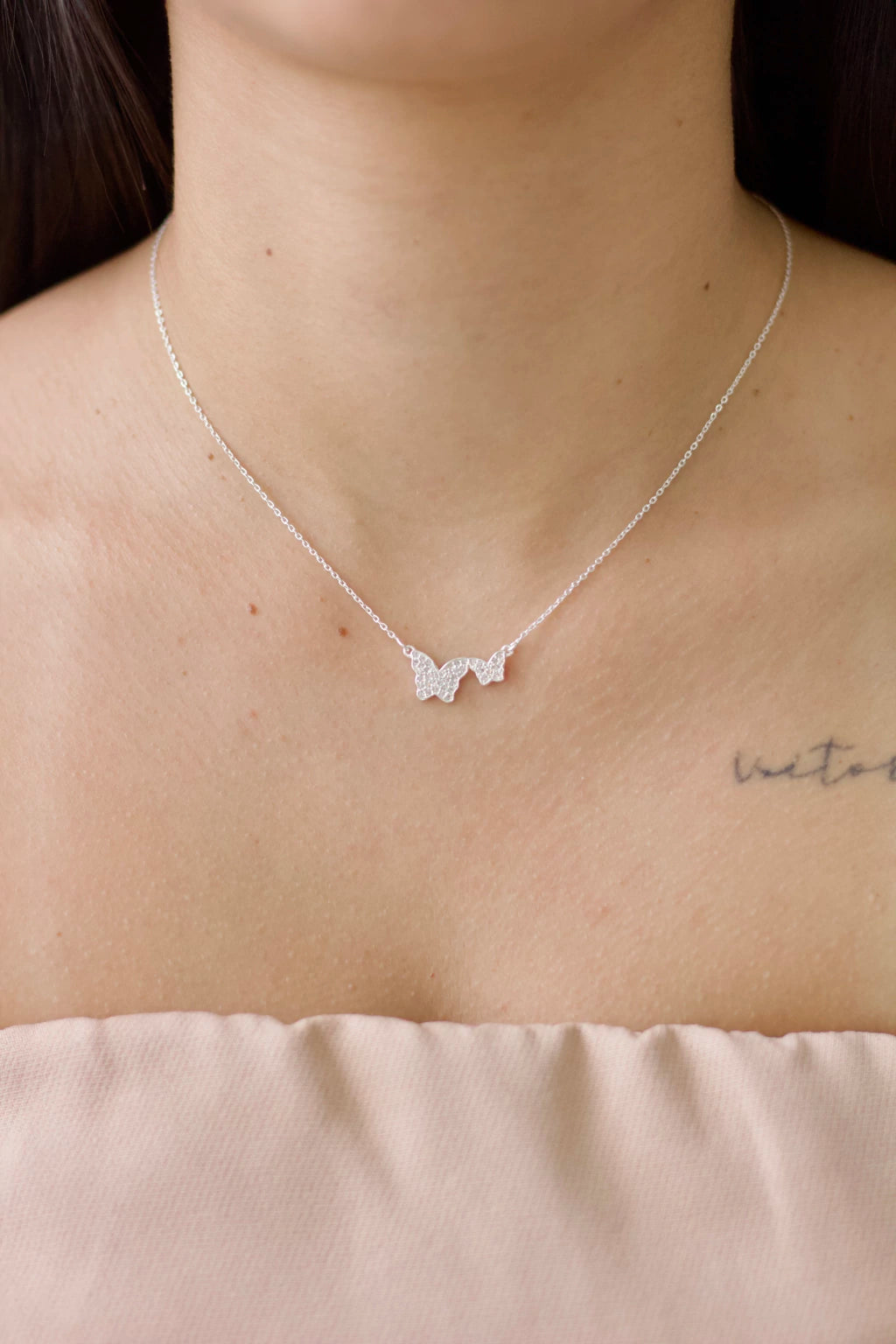 Colar Borboleta Duplo Cravejado Prata 925