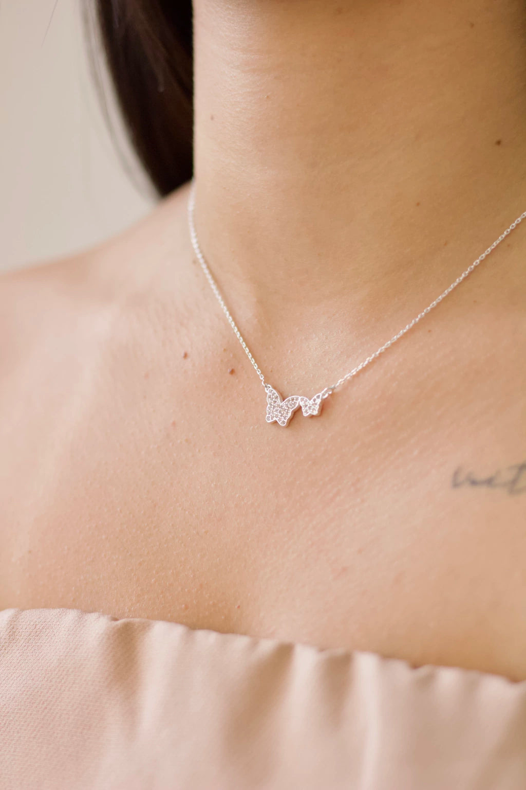 Colar Borboleta Duplo Cravejado Prata 925